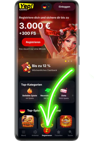 Yep Casino Startseite mit Registrieren-Button oben