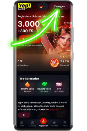Yep Casino Startseite mit Login-Button oben rechts